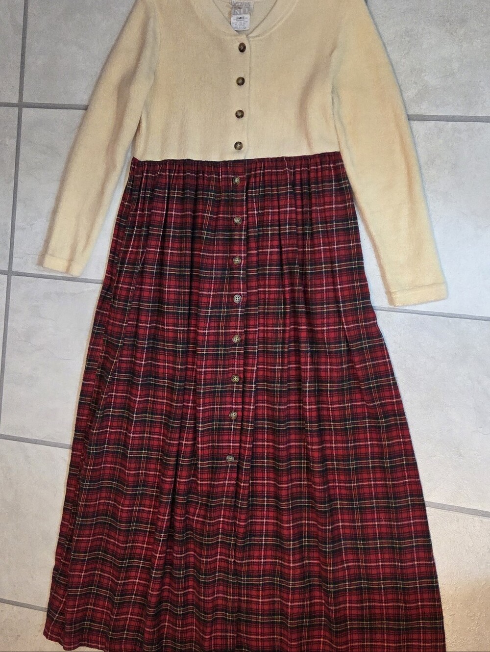 Vintage Moda International Plaid Dress With Button Up Front And Cream Top Sz 4